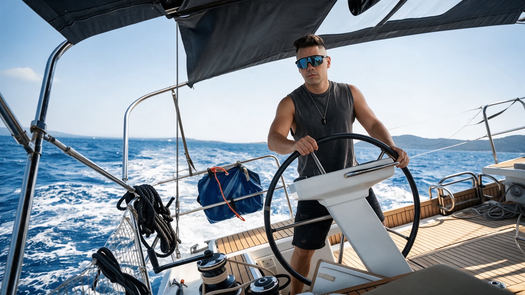 Luca Larice al timone di una barca a vela